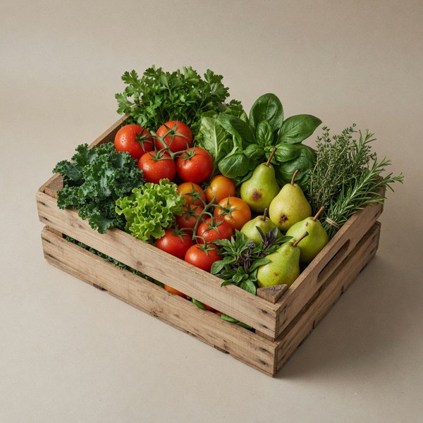 Fresh produce in a wooden crate