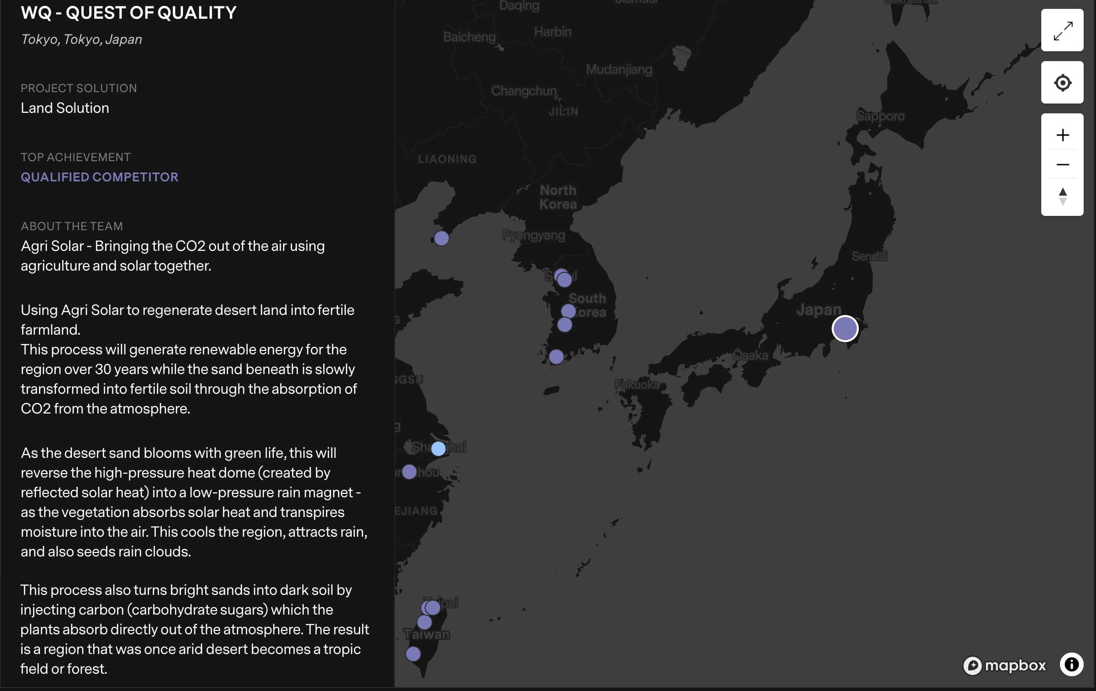 WQ — Quest of Quality listing, Tokyo: top achievement QUALIFIED COMPETITOR. CCS capture of the XPRIZE competitor map.